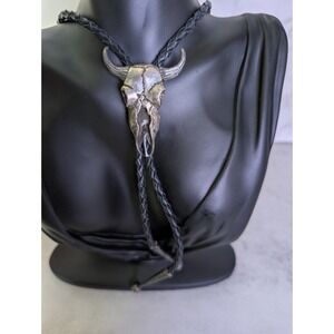 Vtg Hand Made S.T.C. Sterling Silver Buffalo Bull Skull Western Bolo Tie